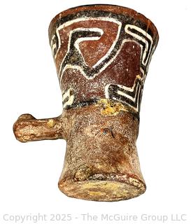 Pre-Columbian Mayan Mesoamerican Painted Terra Cotta Clay Fired Vessel with Handle.