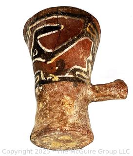 Pre-Columbian Mayan Mesoamerican Painted Terra Cotta Clay Fired Vessel with Handle.