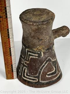 Pre-Columbian Mayan Mesoamerican Painted Terra Cotta Clay Fired Vessel with Handle.