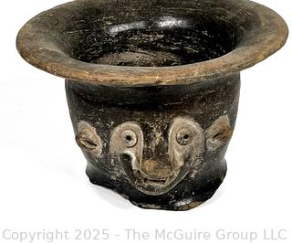 Small Pre-Columbian Mayan Mesoamerican Black Clay Bowl with Face Decoration.  5" tall