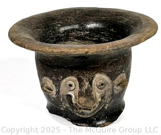 Small Pre-Columbian Mayan Mesoamerican Black Clay Bowl with Face Decoration.  5" tall