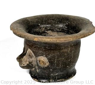 Small Pre-Columbian Mayan Mesoamerican Black Clay Bowl with Face Decoration.  5" tall