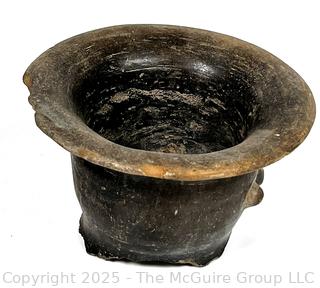 Small Pre-Columbian Mayan Mesoamerican Black Clay Bowl with Face Decoration.  5" tall