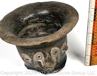 Small Pre-Columbian Mayan Mesoamerican Black Clay Bowl with Face Decoration.  5" tall