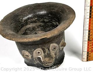 Small Pre-Columbian Mayan Mesoamerican Black Clay Bowl with Face Decoration.  5" tall