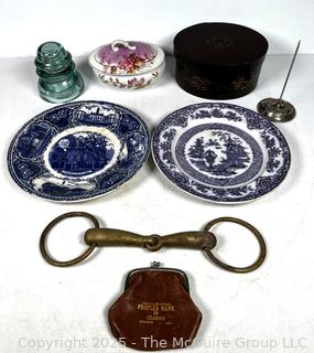 Blue & White Porcelain Plates, Glass Insulator, Brass Horse Bit, Coin Purse, Receipt Holder and Bent Wood Box
