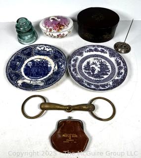 Blue & White Porcelain Plates, Glass Insulator, Brass Horse Bit, Coin Purse, Receipt Holder and Bent Wood Box