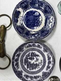 Blue & White Porcelain Plates, Glass Insulator, Brass Horse Bit, Coin Purse, Receipt Holder and Bent Wood Box