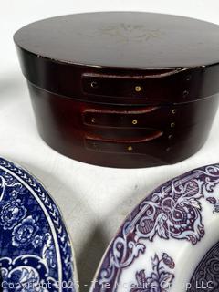 Blue & White Porcelain Plates, Glass Insulator, Brass Horse Bit, Coin Purse, Receipt Holder and Bent Wood Box