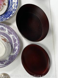 Blue & White Porcelain Plates, Glass Insulator, Brass Horse Bit, Coin Purse, Receipt Holder and Bent Wood Box