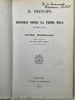 1848 Leather Bound with Marble Boards Book Il Principe, E Discorsi Sopra La Prima Deca by Niccolo Machiavelli, Italian Edition 