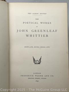 1891 Leather Bound Book "The Complete Poetical Works" of John Greenleaf Whittier
