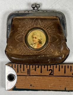 Embossed Leather Coin Purse with Inset Portrait
