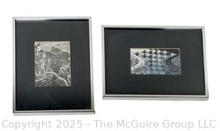 Two (2) Framed Under Glass Prints by M.C. Escher - The Bridge & Day and Night. 9" x 12" 