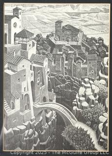 Two (2) Framed Under Glass Prints by M.C. Escher - The Bridge & Day and Night. 9" x 12" 