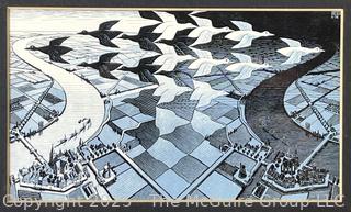 Two (2) Framed Under Glass Prints by M.C. Escher - The Bridge & Day and Night. 9" x 12" 