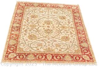 Wool Hand Knotted Afghan Floral Red on Beige Ground Area Rug.  90" x 117"
