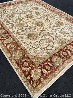 Wool Hand Knotted Afghan Floral Red on Beige Ground Area Rug.  90" x 117"
