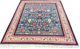 Hand-knotted Wool Tabriz Rug on Blue Ground with Red Border. 94 x 124"