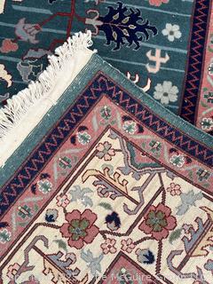 Hand-knotted Wool Tabriz Rug on Blue Ground with Red Border. 94 x 124"