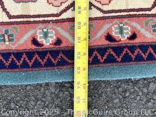 Hand-knotted Wool Tabriz Rug on Blue Ground with Red Border. 94 x 124"