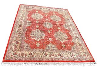 Hand-Knotted Wool Area Rug on Red Ground. 106 x 148"