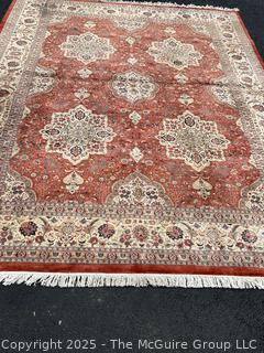 Hand-Knotted Wool Area Rug on Red Ground. 106 x 148"