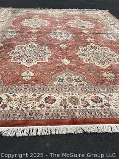 Hand-Knotted Wool Area Rug on Red Ground. 106 x 148"