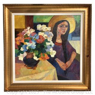 Large Gilt-Framed Oil on Canvas Titled “Young Lady W. Flowers” Signed by Artist Andrei Kioresku.  44.5" Square