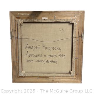 Large Gilt-Framed Oil on Canvas Titled “Young Lady W. Flowers” Signed by Artist Andrei Kioresku.  44.5" Square