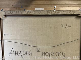 Large Gilt-Framed Oil on Canvas Titled “Young Lady W. Flowers” Signed by Artist Andrei Kioresku.  44.5" Square