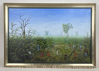 Framed Oil on Board of Workers in Field Signed by Artist Avril Forest, 1984. 19" x 27"