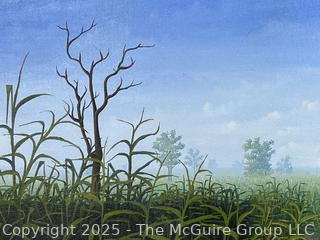 Framed Oil on Board of Workers in Field Signed by Artist Avril Forest, 1984. 19" x 27"