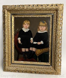 Gilt-Framed Oil On Board Portrait of Two Girls Unsigned. 24 x 30"