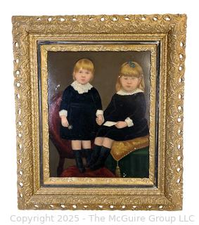 Gilt-Framed Oil On Board Portrait of Two Girls Unsigned. 24 x 30"