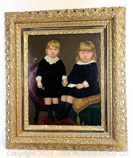 Gilt-Framed Oil On Board Portrait of Two Girls Unsigned. 24 x 30"
