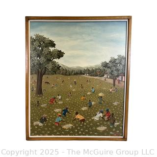 Gilt-Framed Oil on Board of Workers in a Field Signed by Artist  Edouard Jean. 21" x 25"