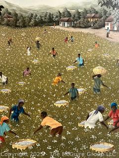 Gilt-Framed Oil on Board of Workers in a Field Signed by Artist  Edouard Jean. 21" x 25"