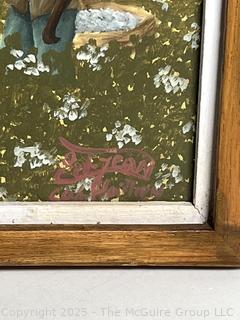 Gilt-Framed Oil on Board of Workers in a Field Signed by Artist  Edouard Jean. 21" x 25"