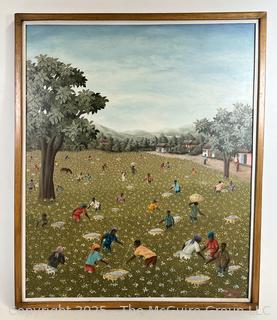 Gilt-Framed Oil on Board of Workers in a Field Signed by Artist  Edouard Jean. 21" x 25"