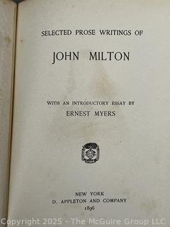 Two (2) 1896 Volume Set of Leather Bound with Marble Boards English Lyrics and Selected Prose of John Milton Book