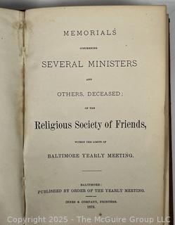 1875 Leather Bound Book, Memorials Concerning Several Ministers 