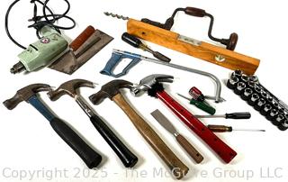 Hand Tools Including Hand Brace, Hammers, Drill and Sockets. 
