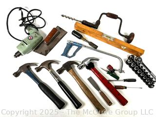 Hand Tools Including Hand Brace, Hammers, Drill and Sockets. 