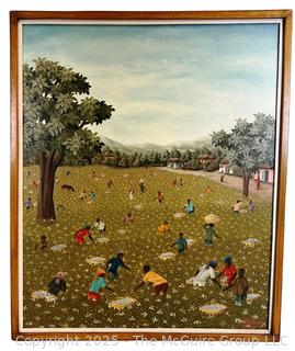 Gilt-Framed Oil on Board of Workers in a Field Signed by Artist  Edouard Jean. 21" x 25"