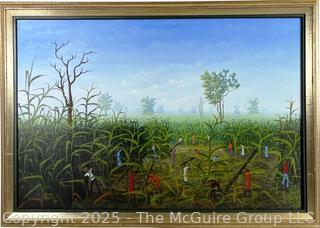 Framed Oil on Board of Workers in Field Signed by Artist Avril Forest, 1984. 19" x 27"