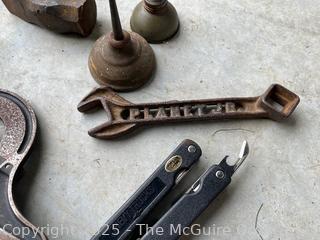 Grouping Including Cow Bell, Marking Gauge, Planet Jr. Wrench, Oiler Cans and Starrett No. 12 