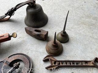 Grouping Including Cow Bell, Marking Gauge, Planet Jr. Wrench, Oiler Cans and Starrett No. 12 