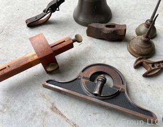 Grouping Including Cow Bell, Marking Gauge, Planet Jr. Wrench, Oiler Cans and Starrett No. 12 
