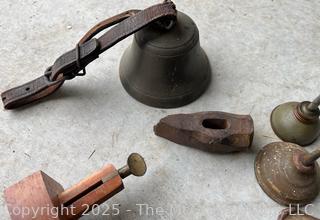 Grouping Including Cow Bell, Marking Gauge, Planet Jr. Wrench, Oiler Cans and Starrett No. 12 